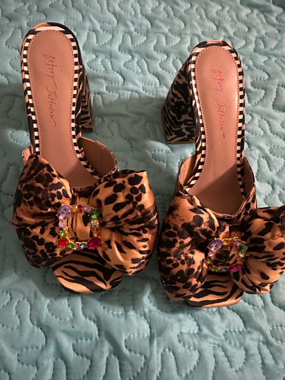 Betsey Johnson Leopard Print Satin Bow Slide Heels with Multicolor Jewel Buckle